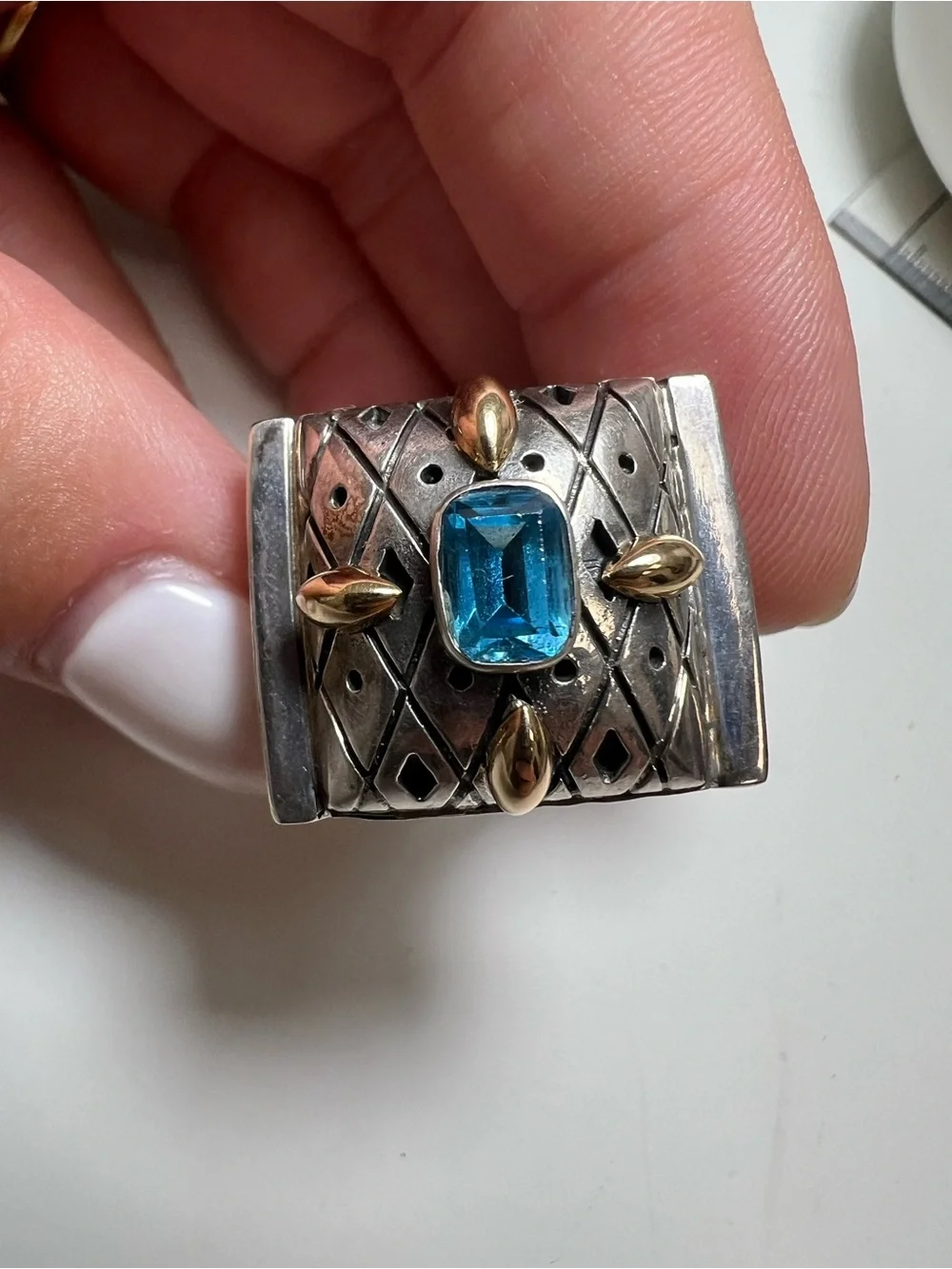 925 Sterling Silver Zanfeld Blue Topaz Accent Wide Ring with 14K Gold Accents